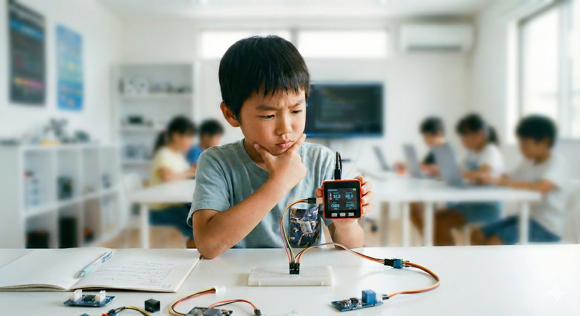 Child focusing on programming project